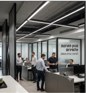 אולם תצוגה מודרני עם פתרונות אלומיניום מתקדמים לבית ולעסק, כולל מחסן גינה עמיד, חלונות מעוצבים ופרופילי תאורת לד משולבים.